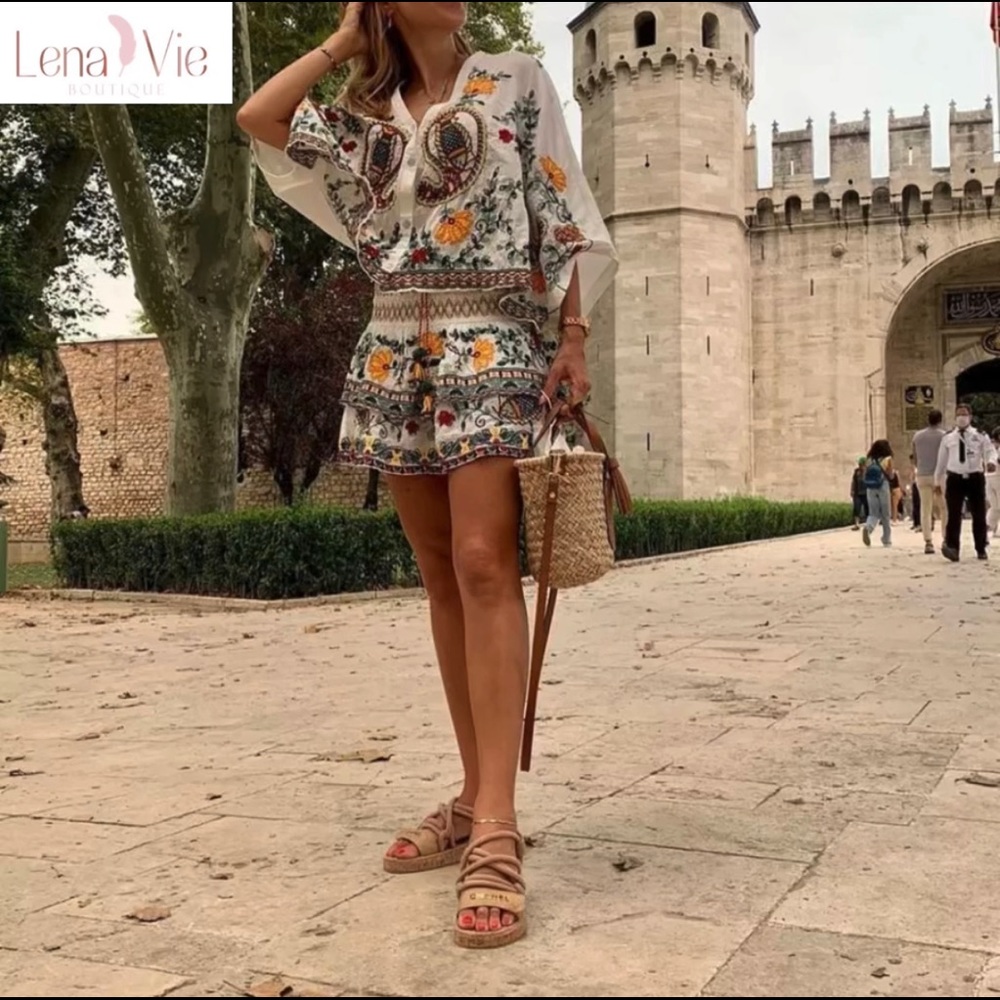🌸Boho Summer Embroidered Flared Kimono 2 Piece Shirt & Skirt Set - Picture 3 of 11